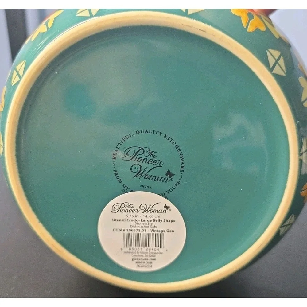 Pioneer Woman Ceramic Utensil Jar Floral Geo Green Yellow 2.5qt Dishwasher Safe